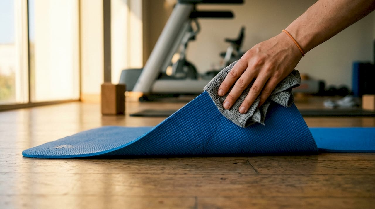 Mit der Hand wird die Unterseite der Sportmatte gründlich gereinigt.