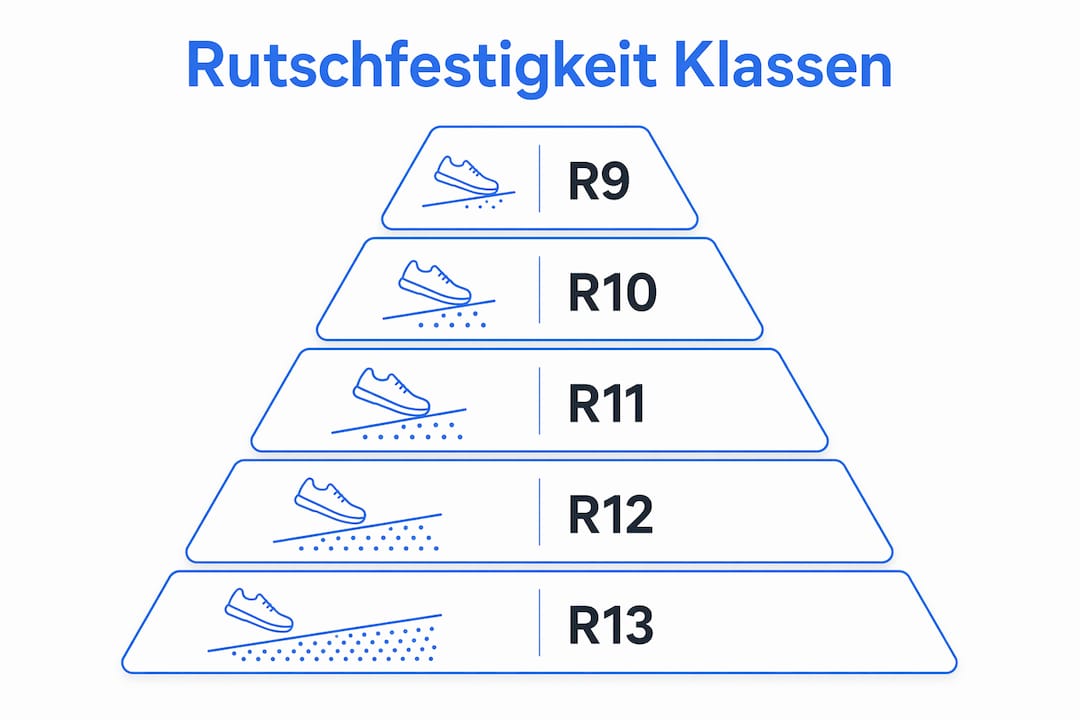 Die Infografik bietet eine anschauliche Zusammenstellung der verschiedenen Rutschsicherheitsklassen (R-Klassen) von Bodenbelägen.