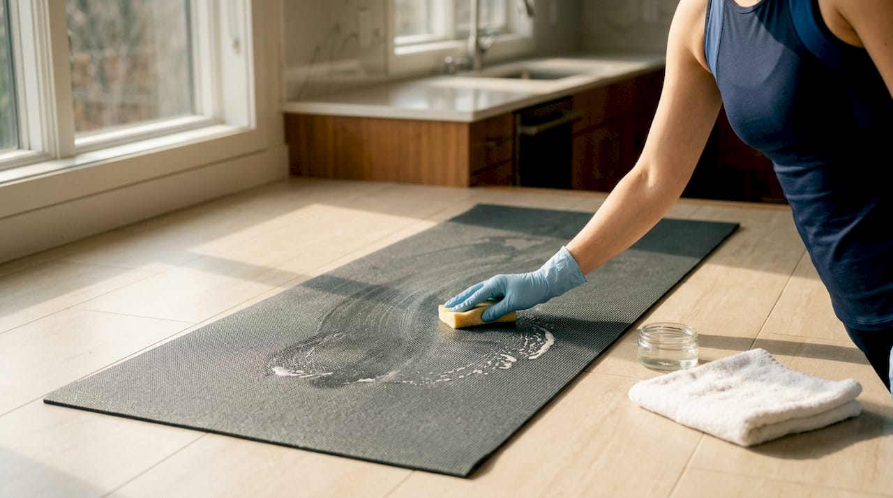 Diese Yogamatte aus Naturkautschuk lässt sich unkompliziert von Hand reinigen.