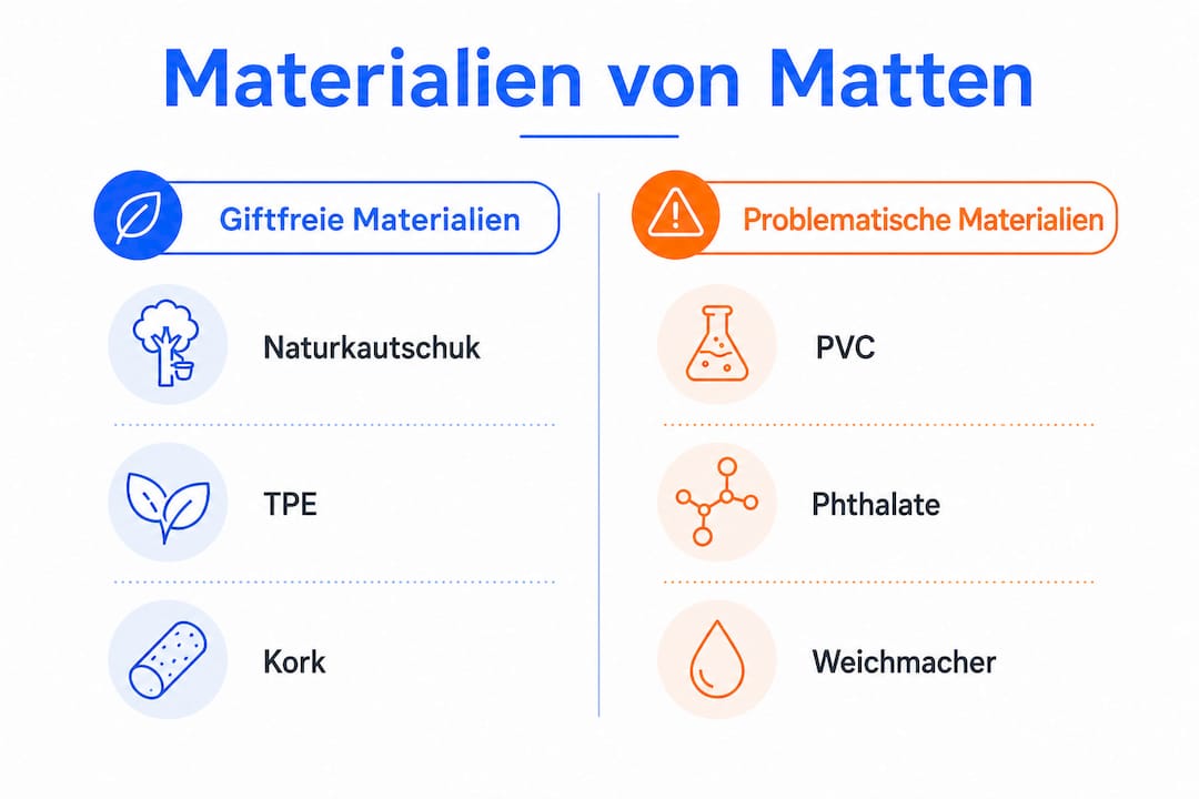 Infografik: Gegenüberstellung von schadstofffreien und bedenklichen Materialien für Matten