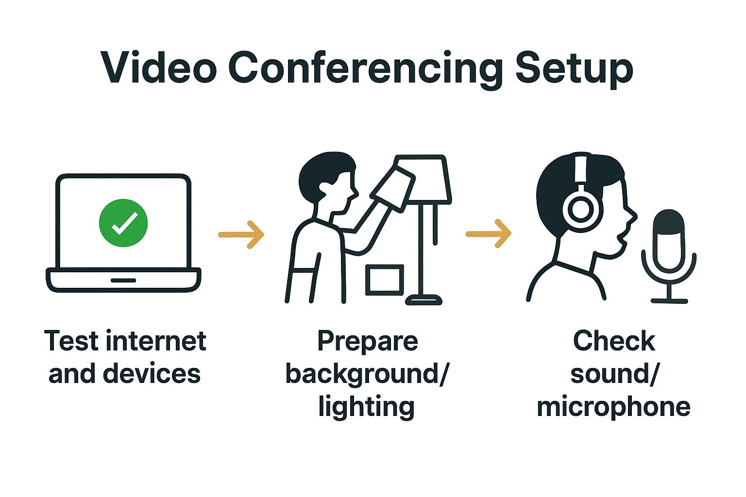 Infographic showing 3 steps for optimal video interview setup: tech, lighting, sound