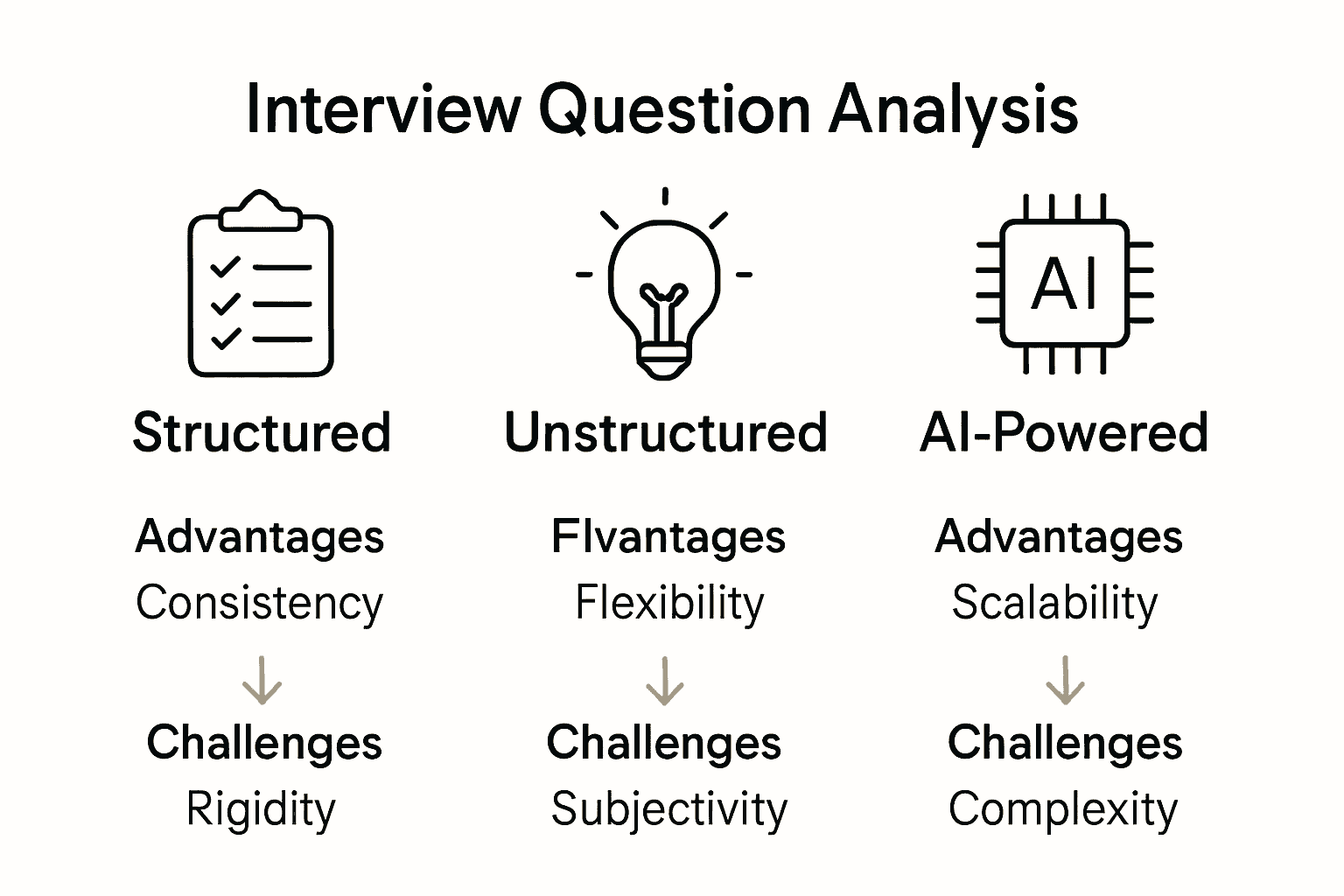 Infographic comparing structured, unstructured, and AI-powered interview analysis methods.