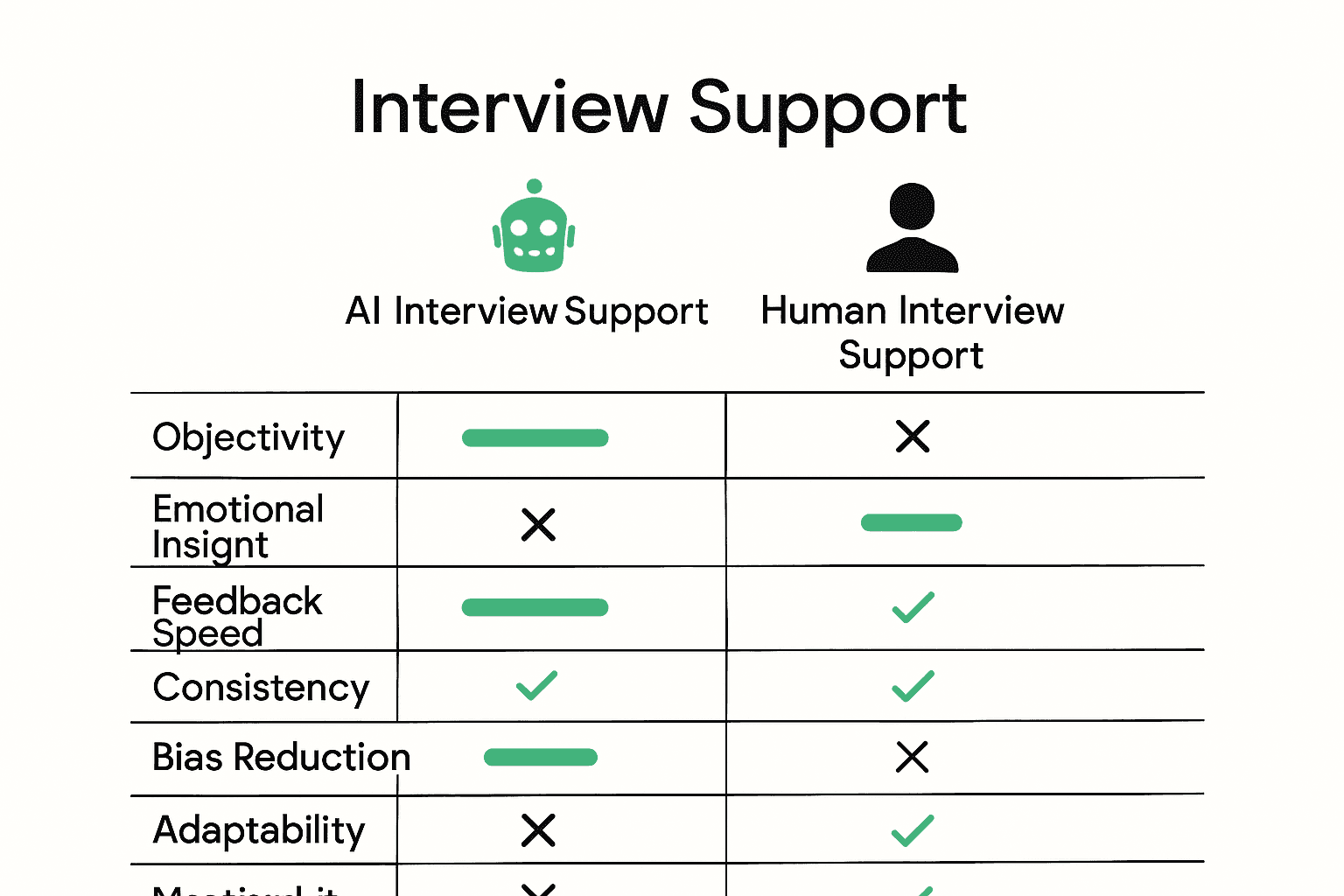 Infographic comparing AI and human interview support on key criteria.