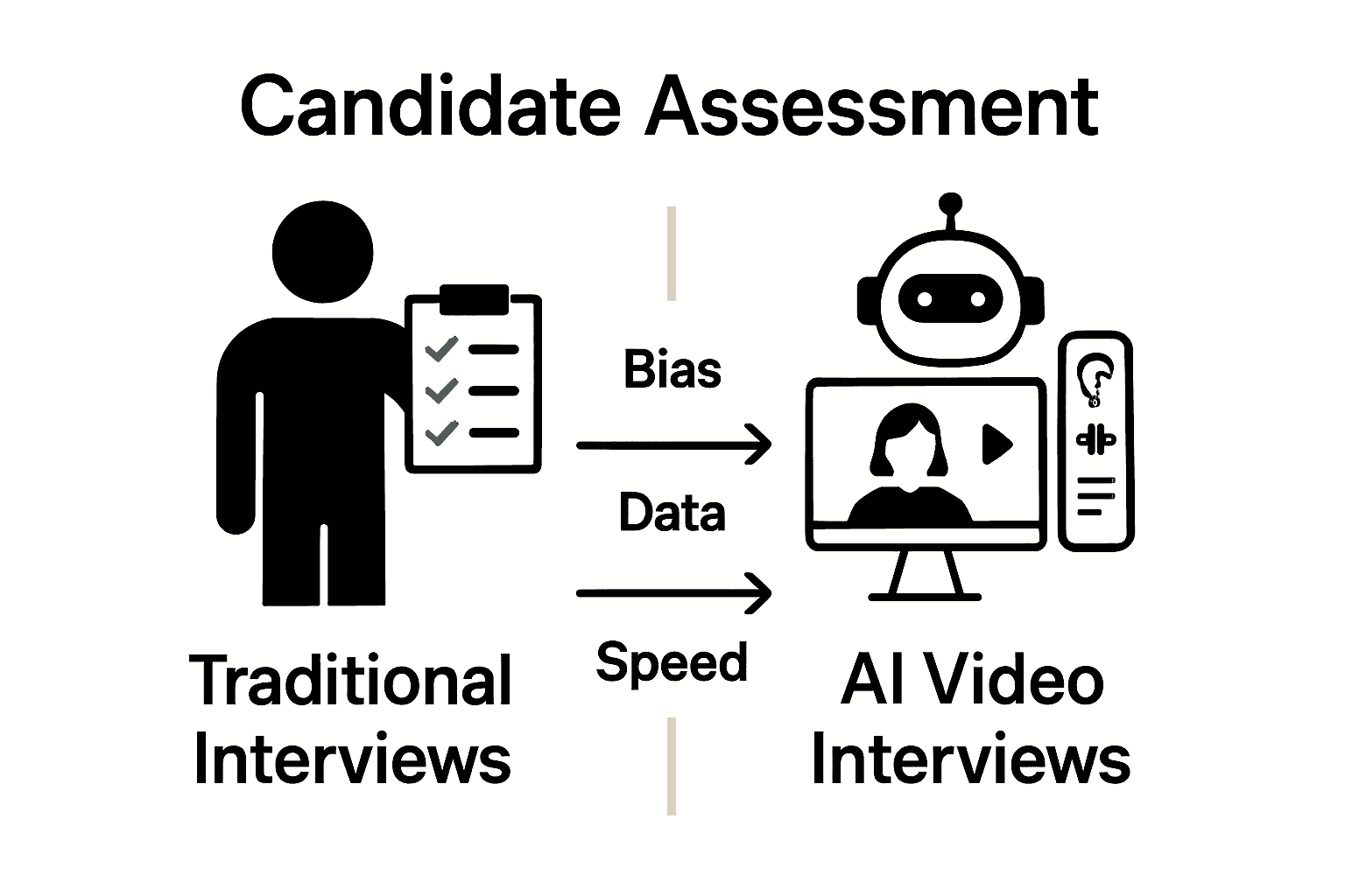 Infographic contrasting traditional interviews and AI-driven video interviews with icons for features and outcomes