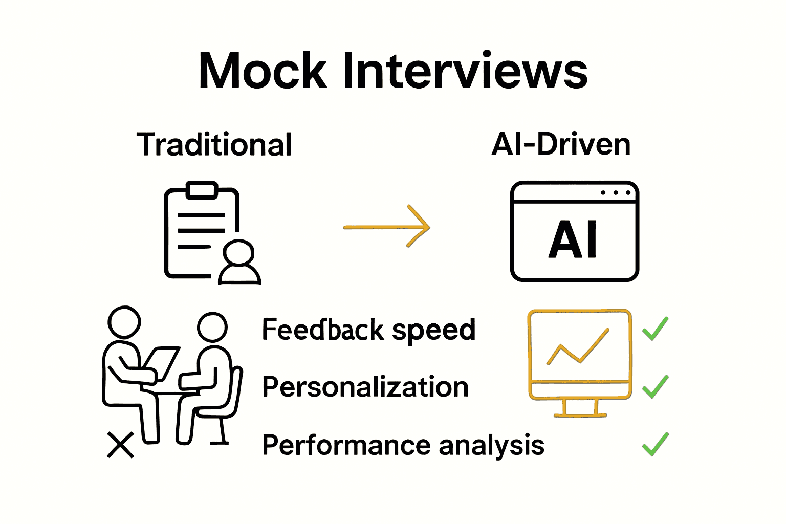 Infographic comparing traditional and AI-driven mock interviews with icons and quick facts.