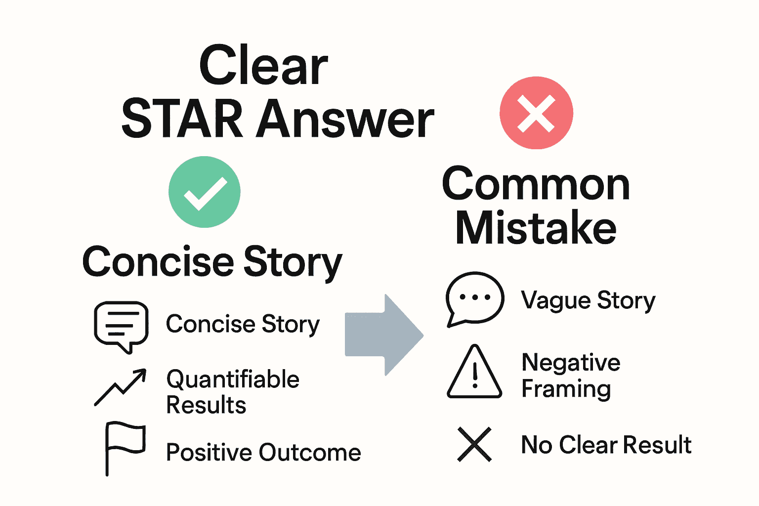 Infographic comparing successful STAR answer with common mistakes in behavioral interviews.