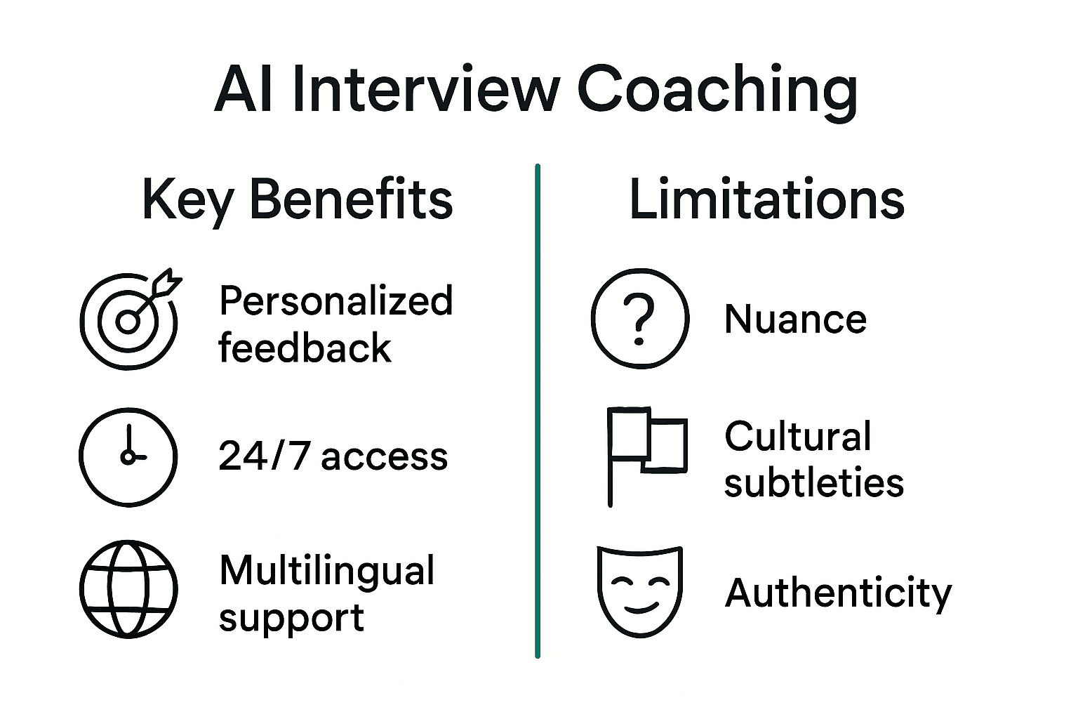 Infographic comparing key benefits and limitations of AI interview coaching
