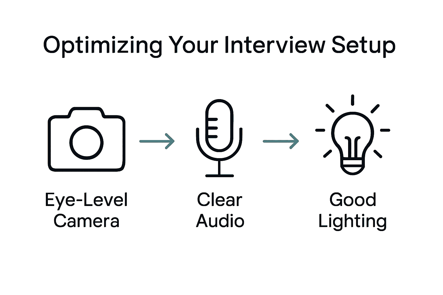 Infographic showing camera, microphone, and lightbulb as key interview setup tips.