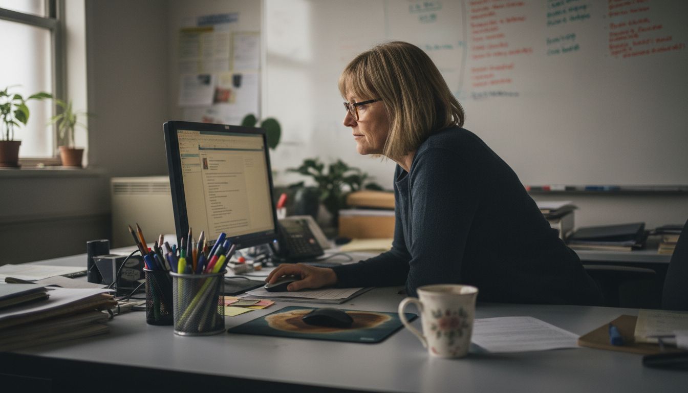 Woman reviewing resume on computer desk