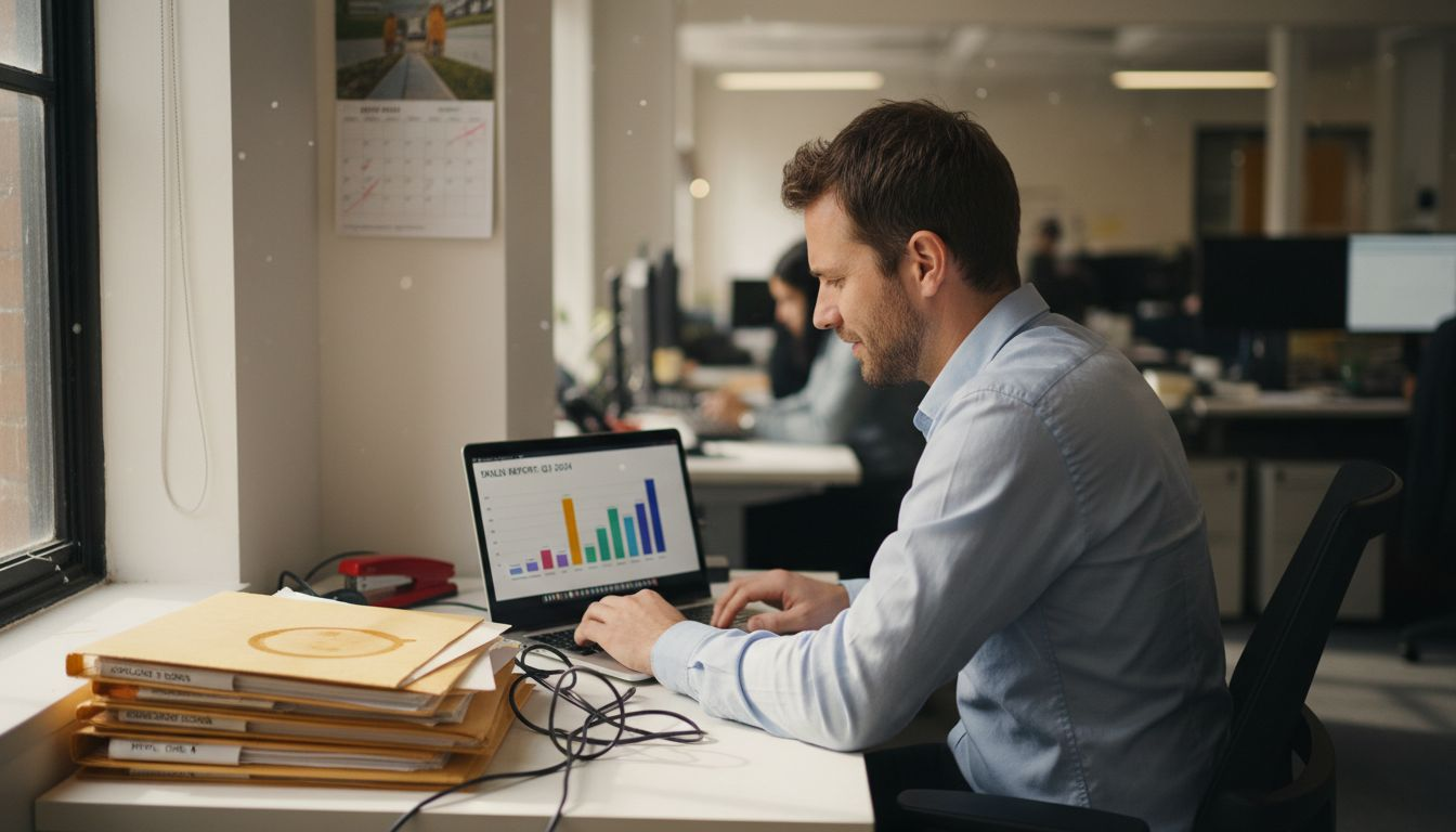 Man evaluating candidates with AI on laptop