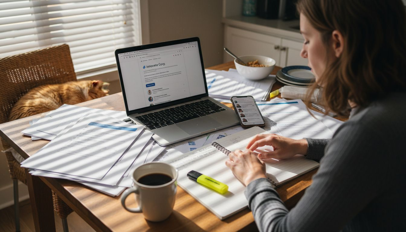 Woman researches company at kitchen table