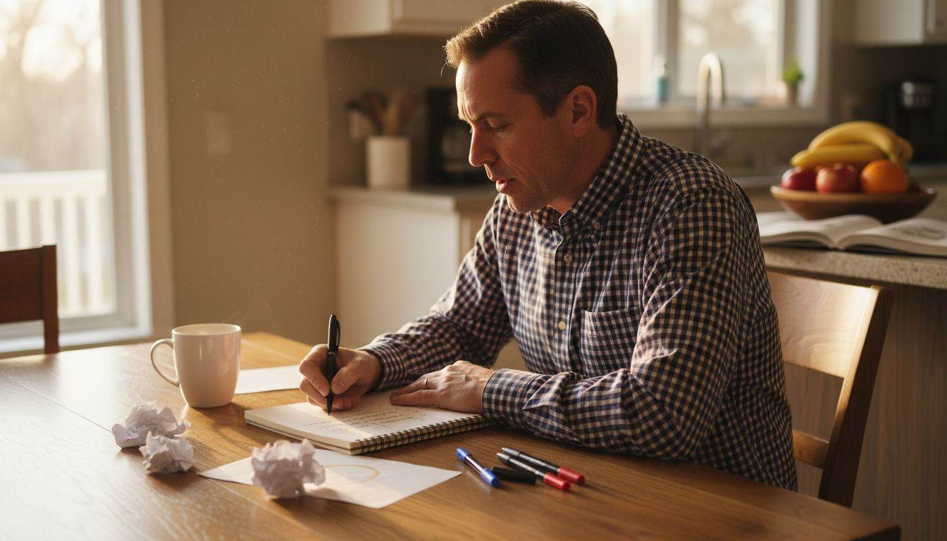Man listing interview points at kitchen table