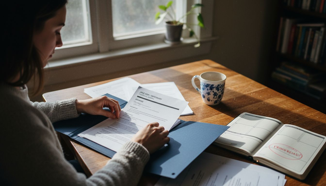 Job candidate organizing portfolio materials