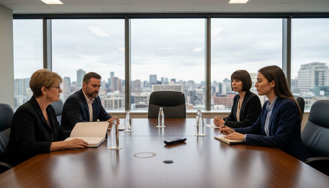 Panel interviewing candidate at conference table