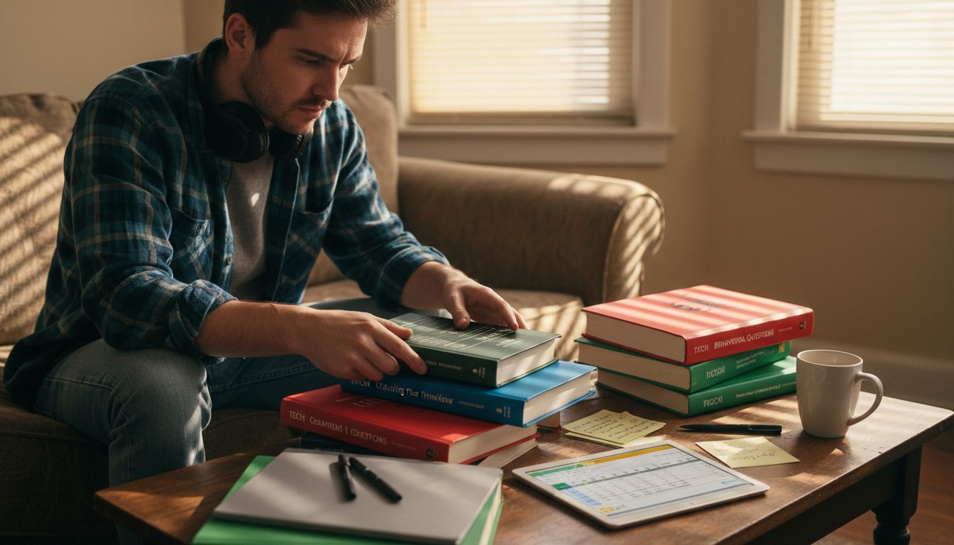 Man sorting interview prep materials at home