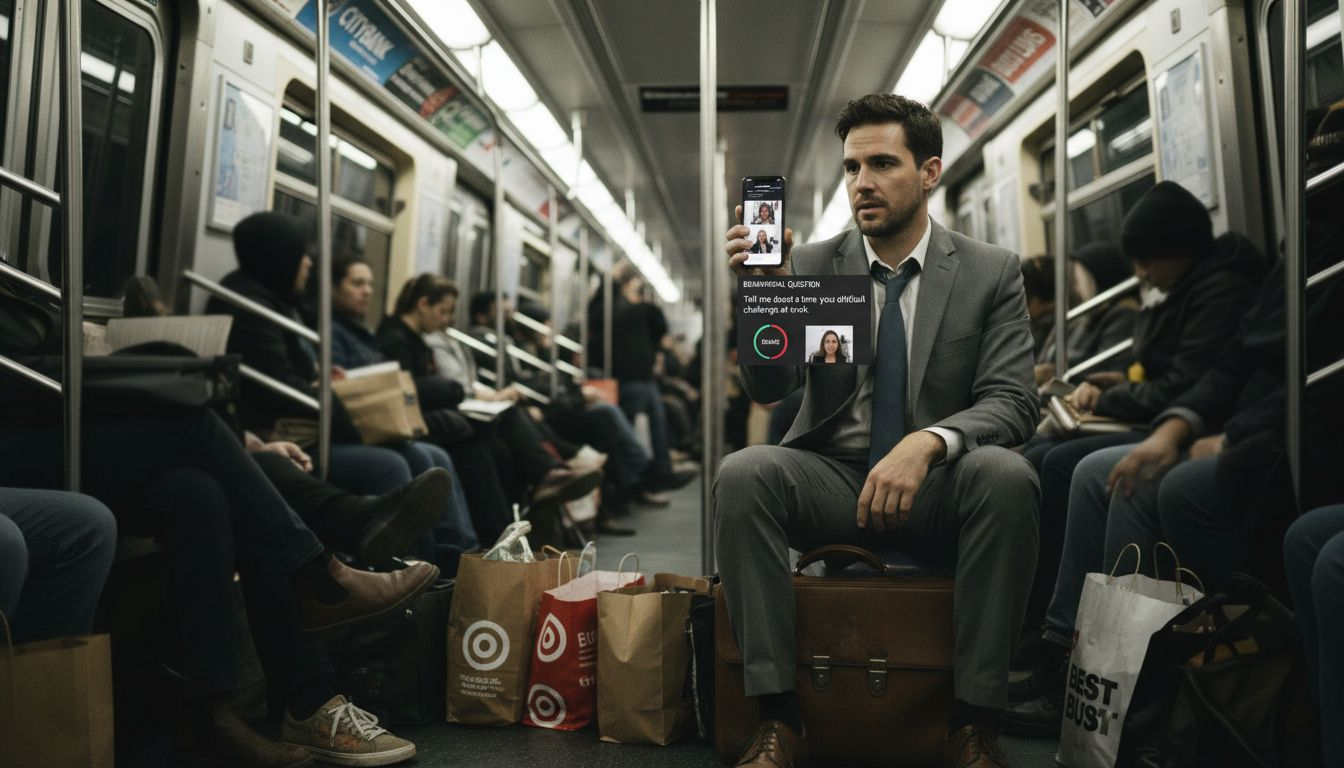 Commuter practicing interview with phone app