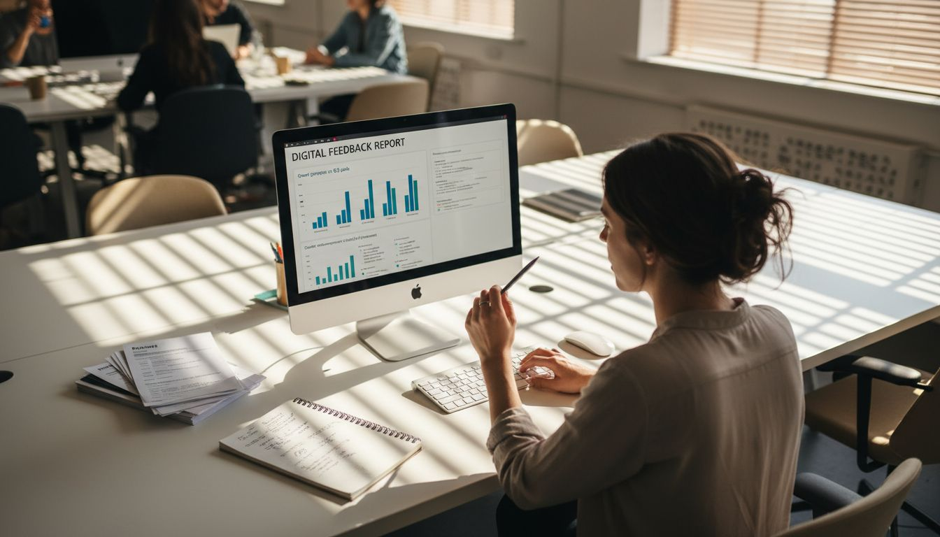 Woman analyzing AI-generated feedback on computer