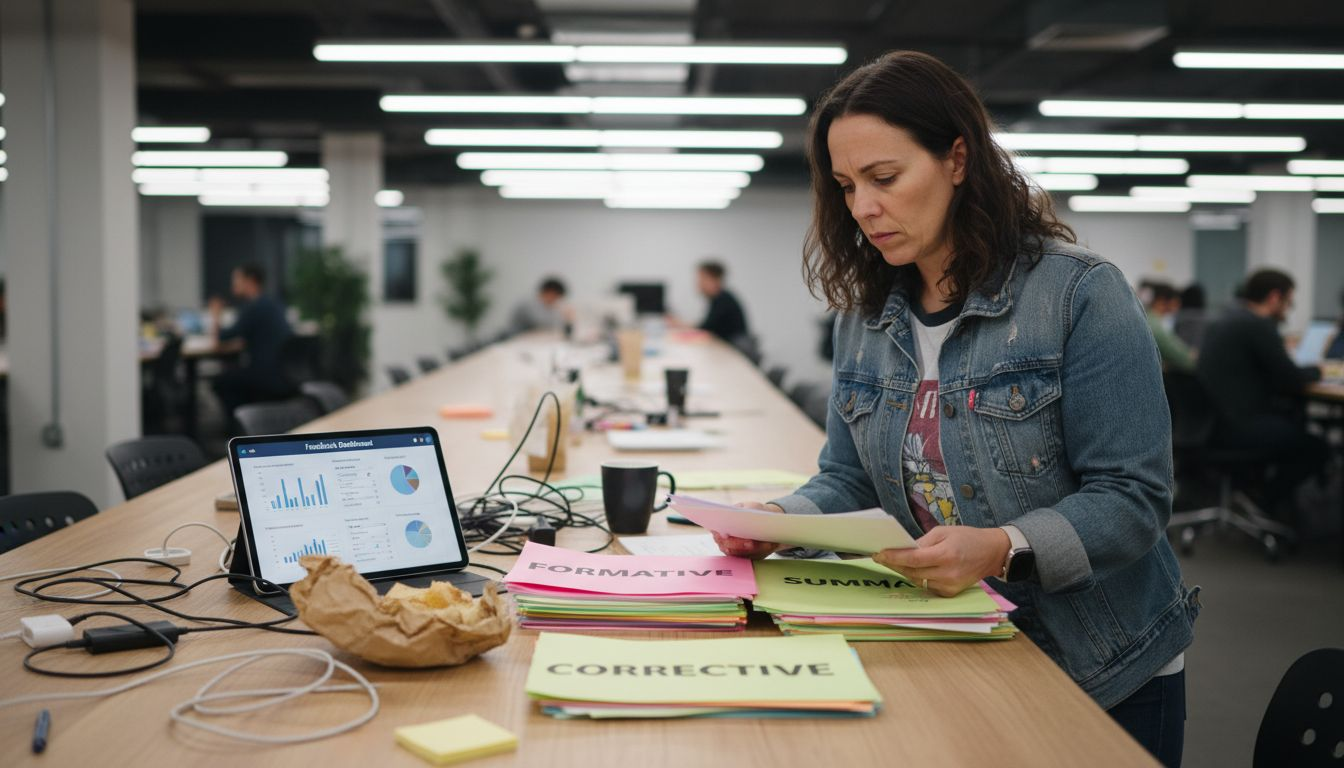 Woman studies labeled AI interview feedback printouts