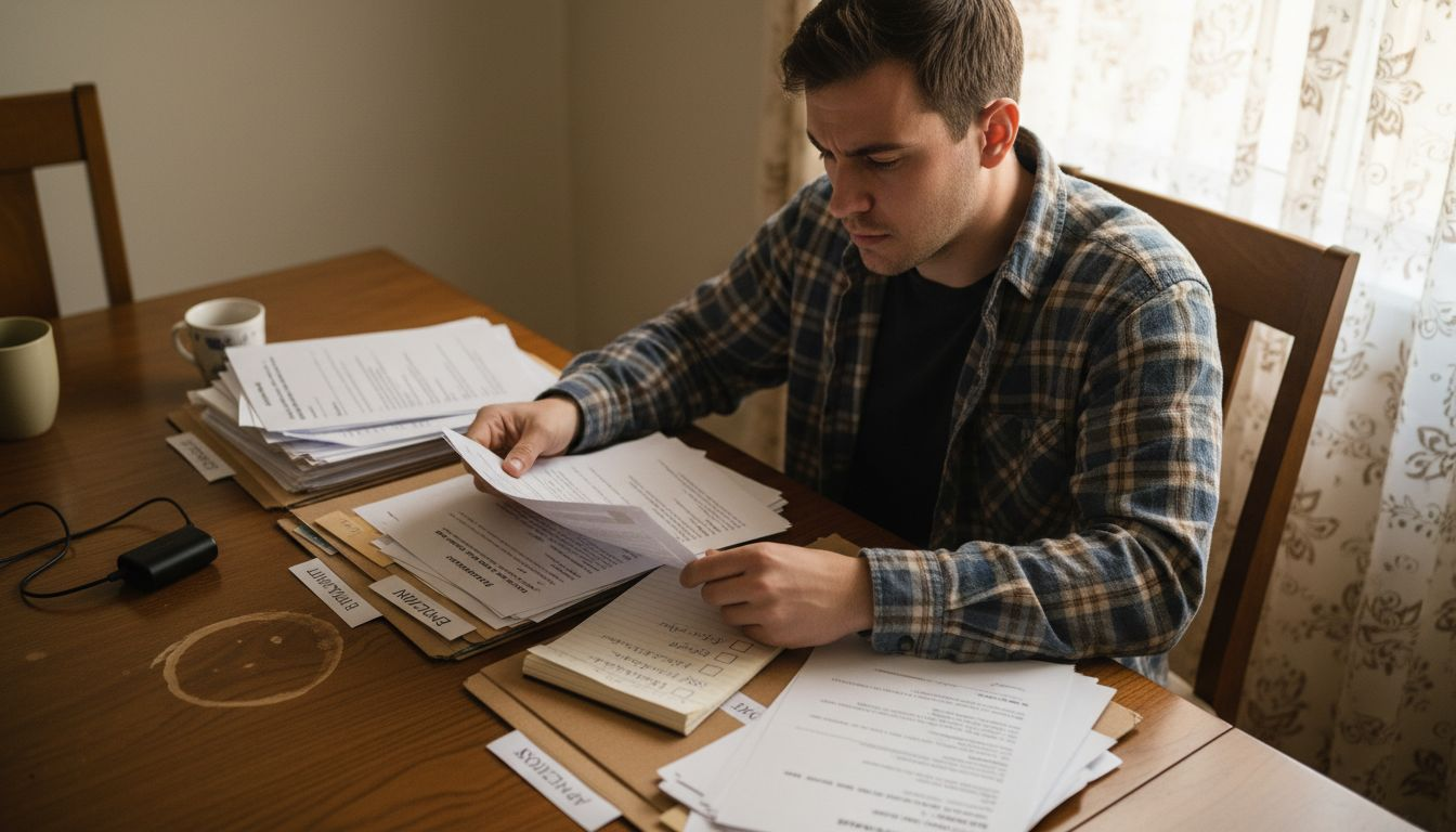 Man sorting interview documents at home office
