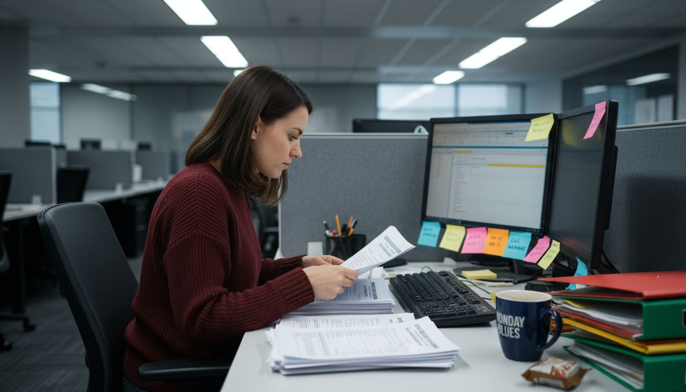 Employee reviewing test samples at desk