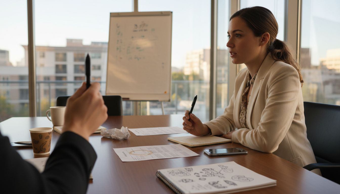 Interviewer in meeting room with guide