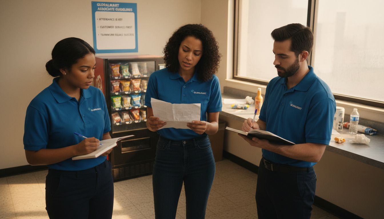 Retail staff preparing for interviews in break room
