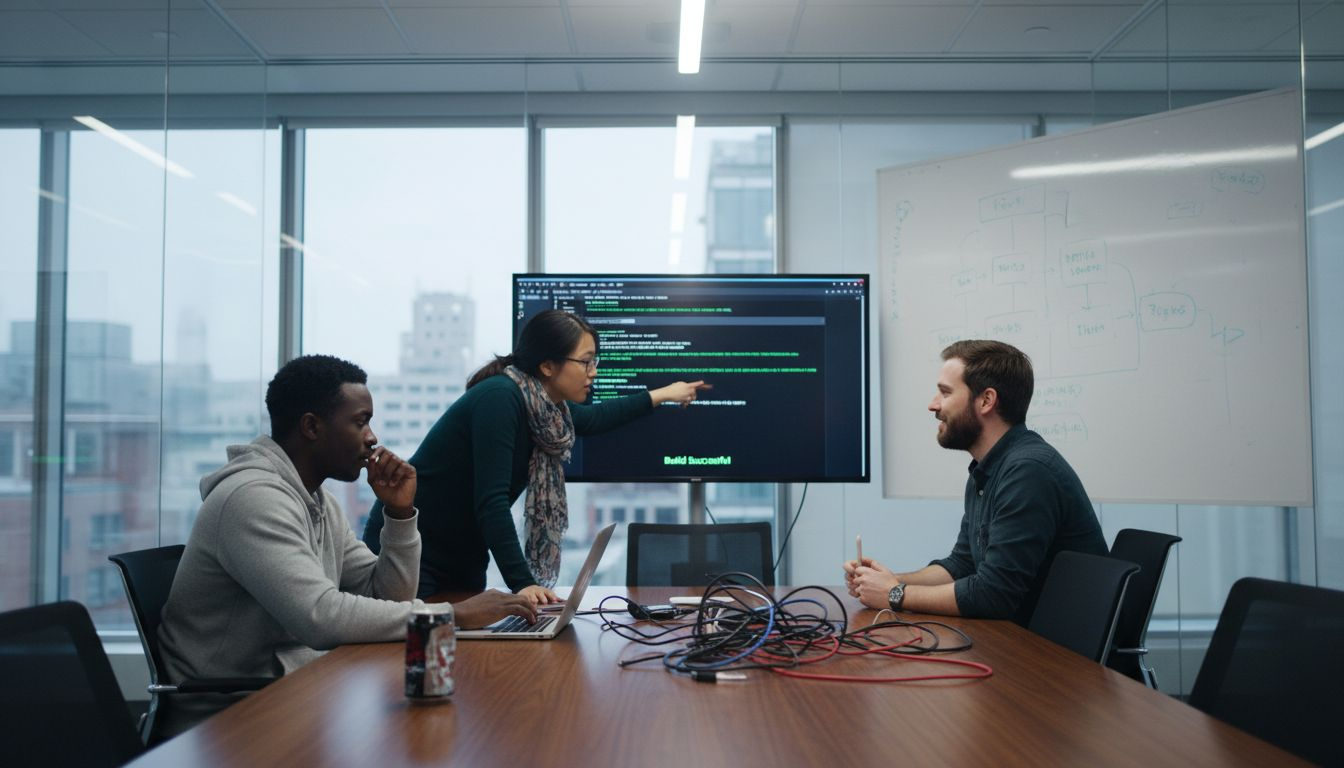 Diverse tech team collaborating in meeting room