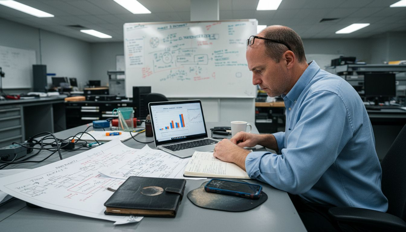 Engineer reviewing process diagrams at lab desk