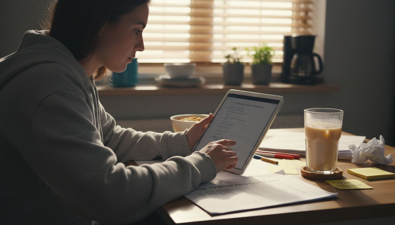 Woman choosing IT interview questions at kitchen table