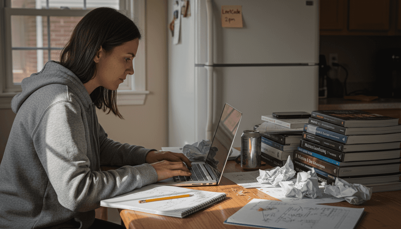 Woman coding at kitchen table with study materials