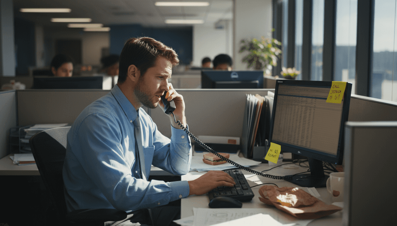 Assistant multitasking at busy office desk