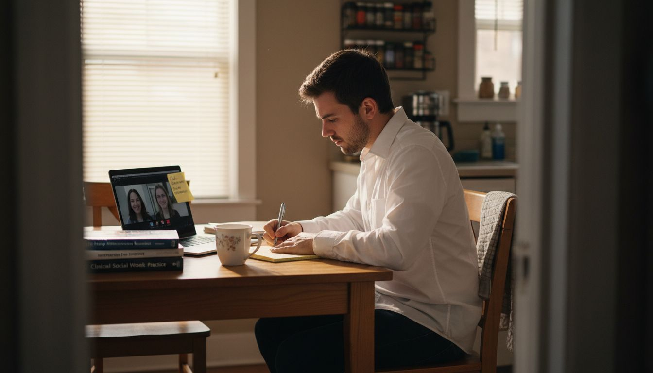 Social worker reviewing interview question notes