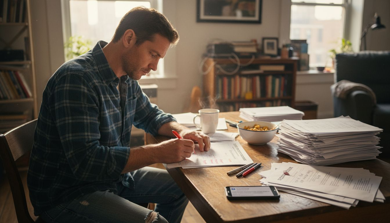 Man checking resume checklist at desk