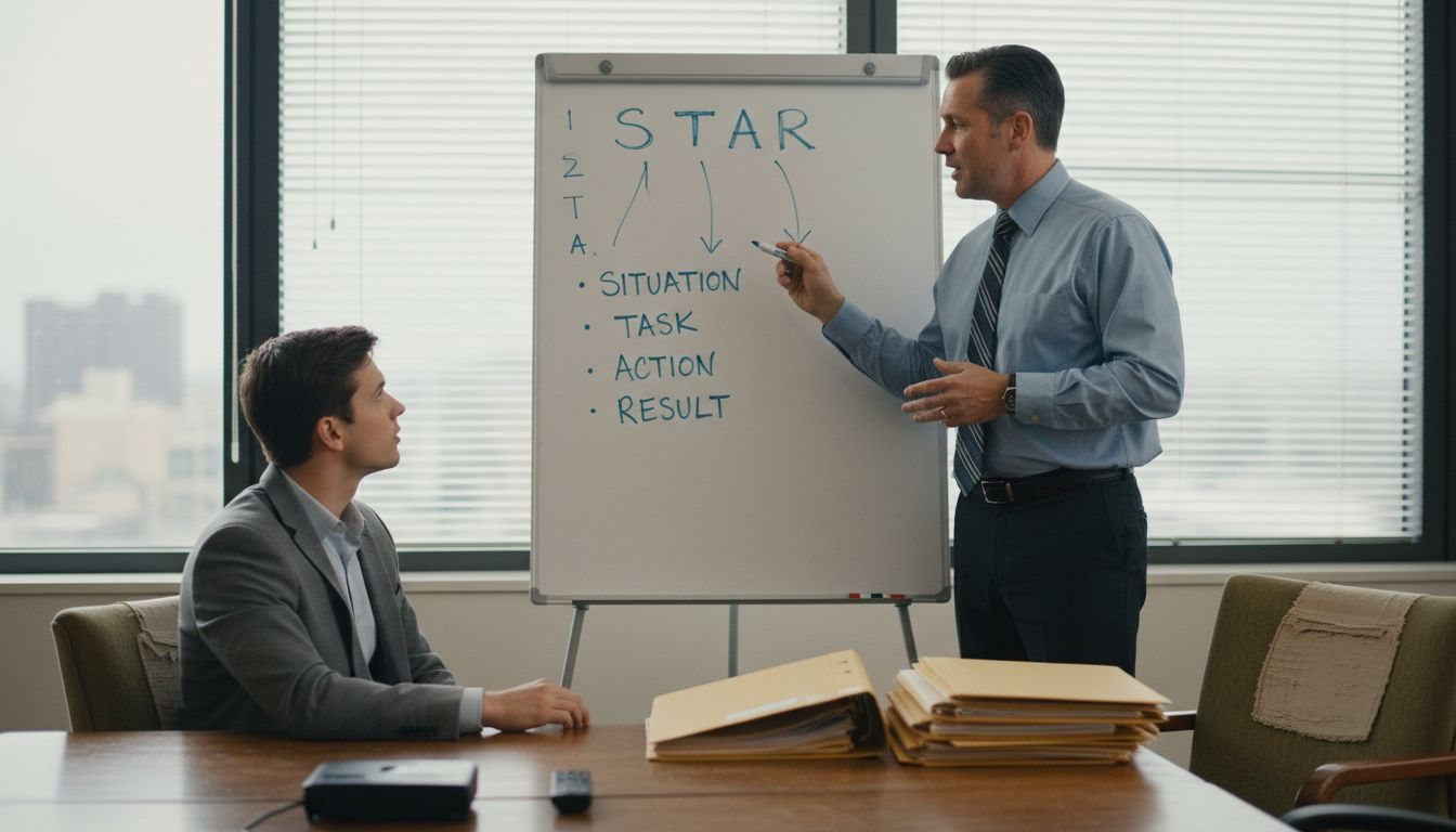Manager illustrates STAR method on whiteboard