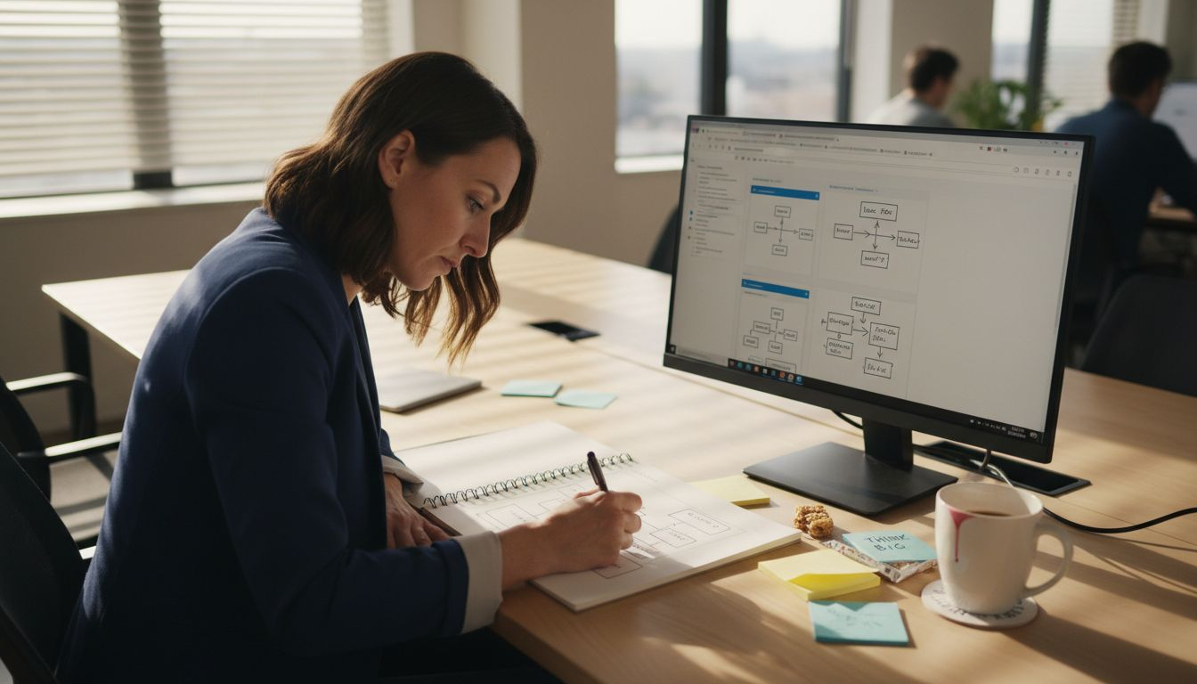Woman sketching problem analysis at desk