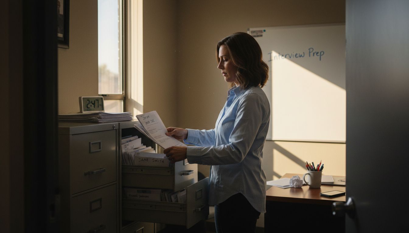 HR specialist prepares interview packets in small room