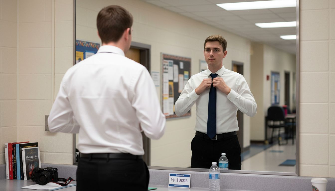 Teacher fixing tie before interview in hallway