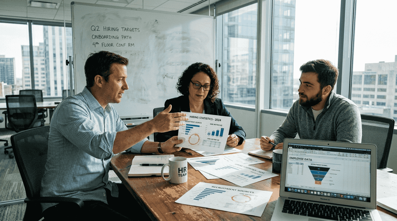 HR team reviews hiring outcome charts
