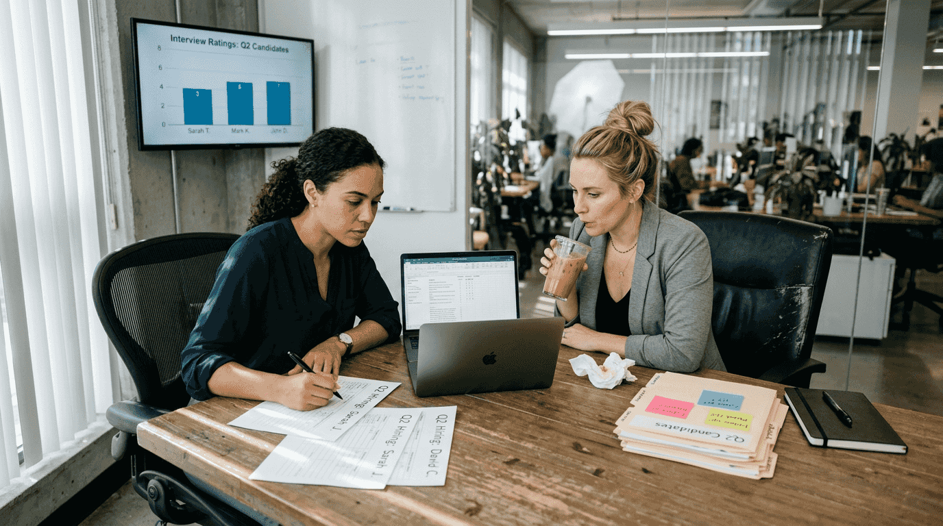 Recruiters discuss AI interview results in meeting room