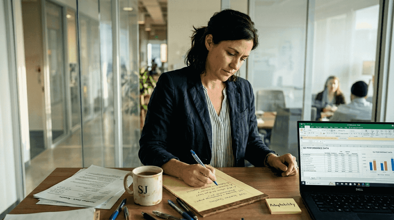 Manager writes STAR interview questions on desk