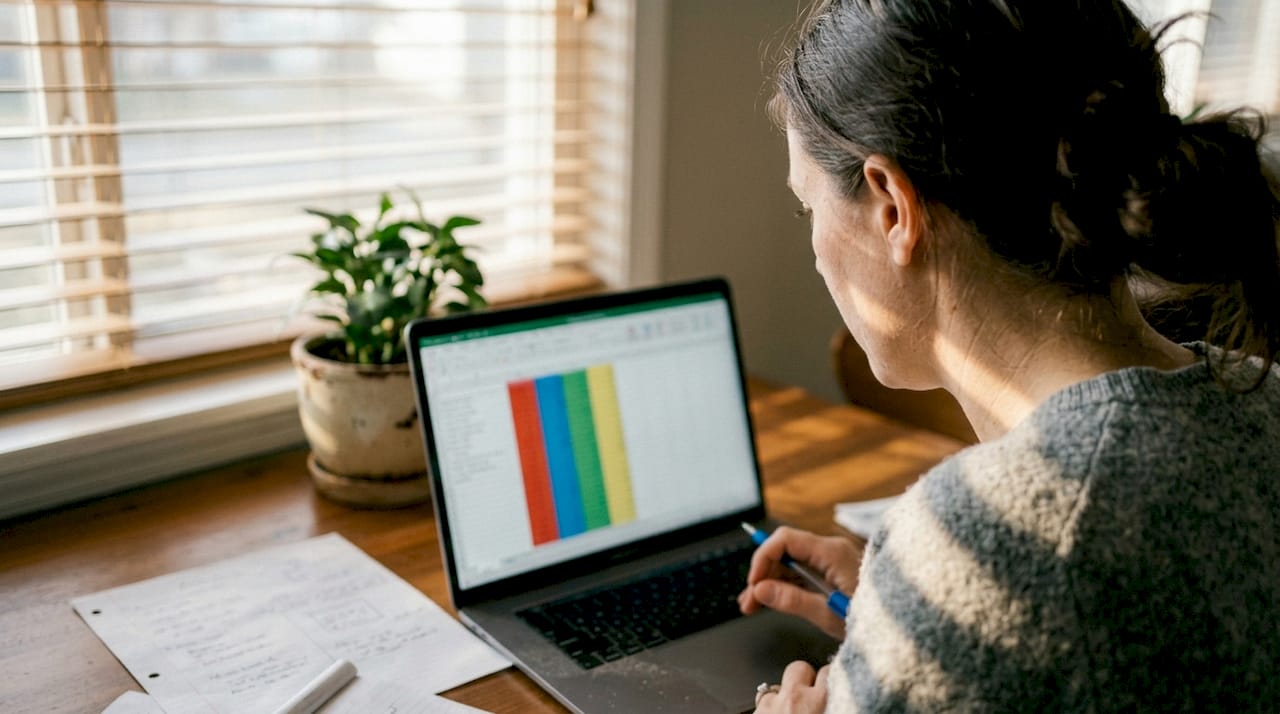 Woman organizing interview questions on laptop