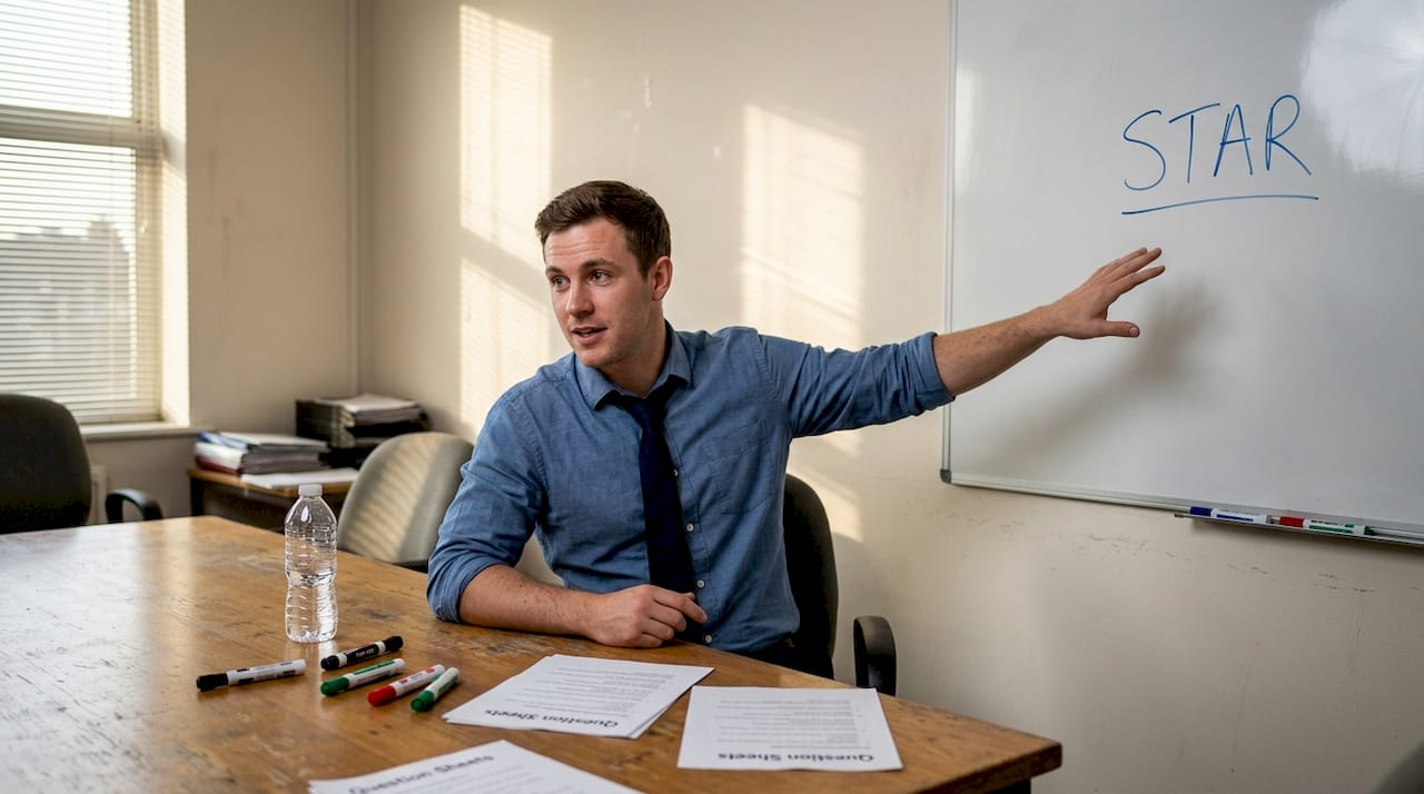 Person explaining interview answer frameworks STAR