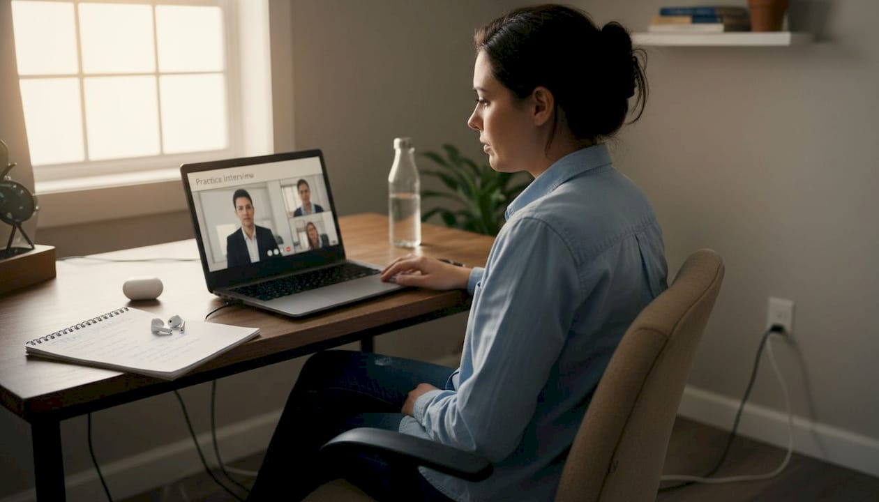 Woman practicing with online mock interview