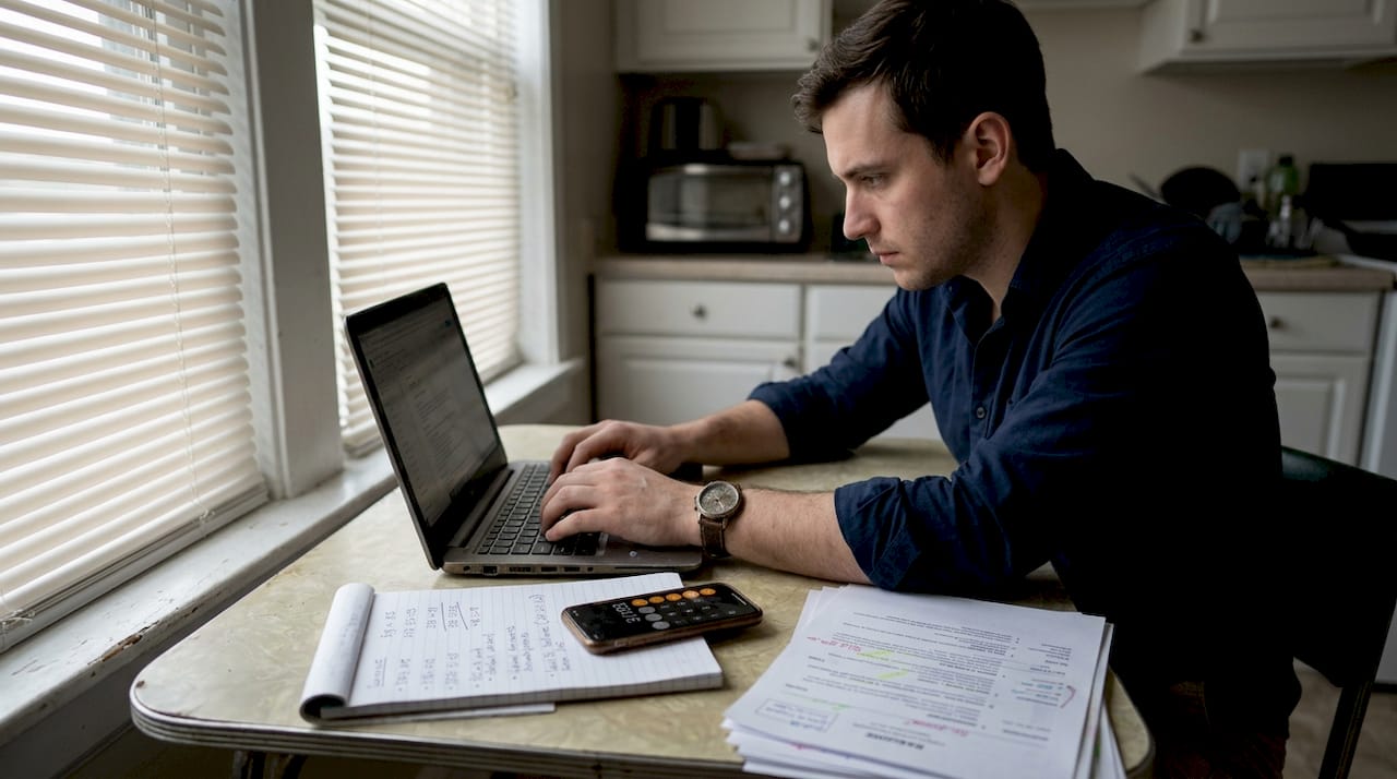 Man writing metrics-focused resume at kitchen table
