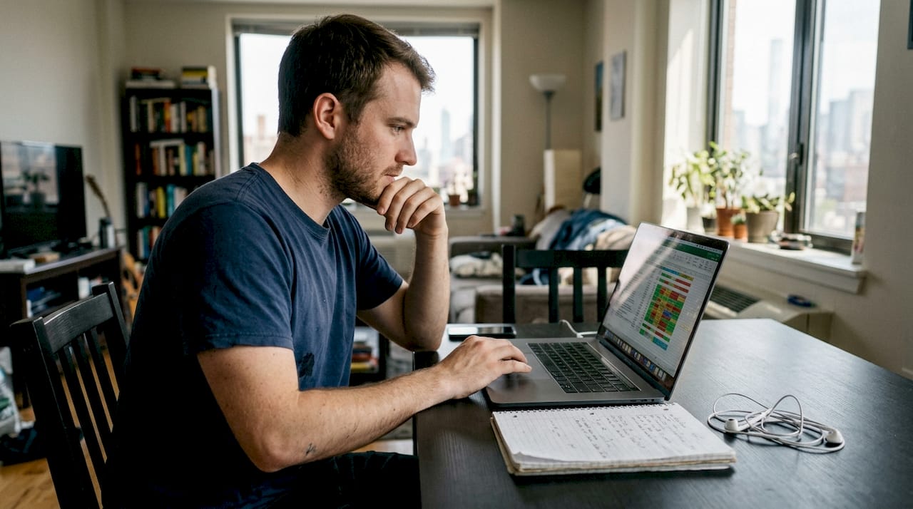 Man tracking interview performance in spreadsheet