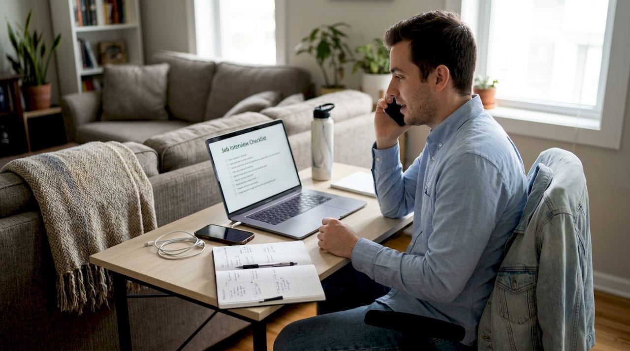Man answering interview questions at home desk