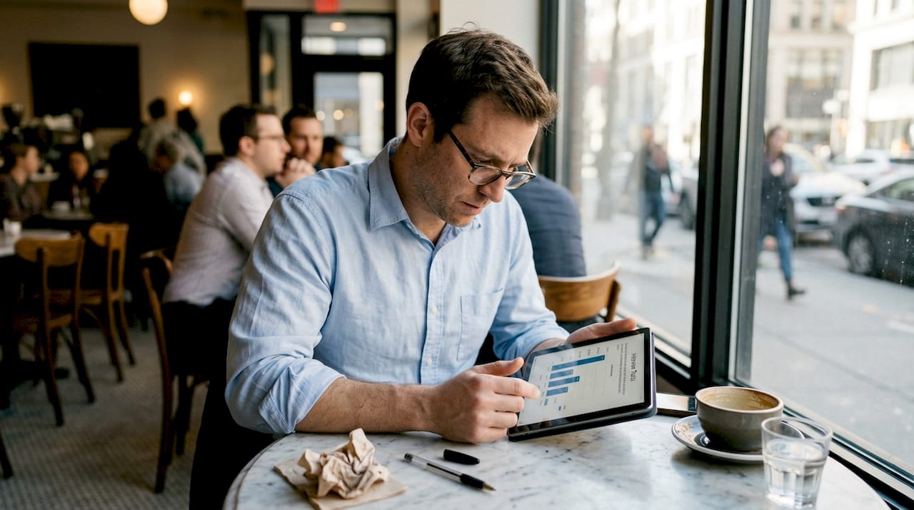 Man reading AI interview feedback in café