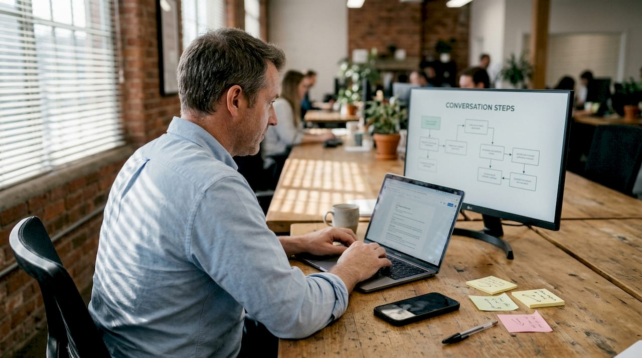 Employee reviewing AI dialogue management workflow