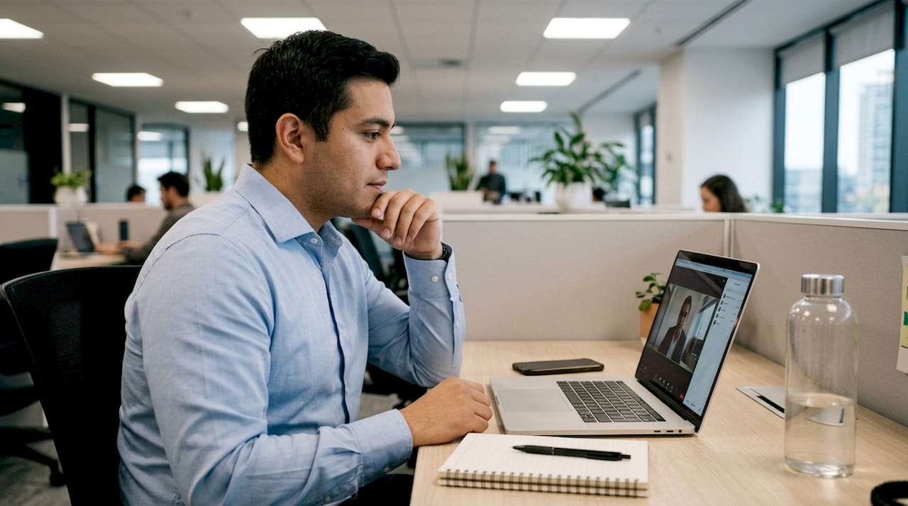 Man showing nerves in workspace interview setup