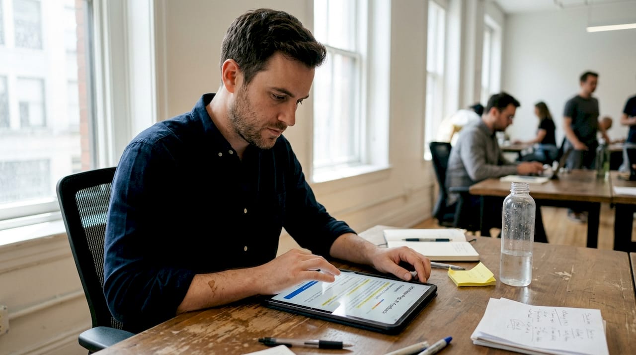 Man reviewing AI interview feedback on tablet